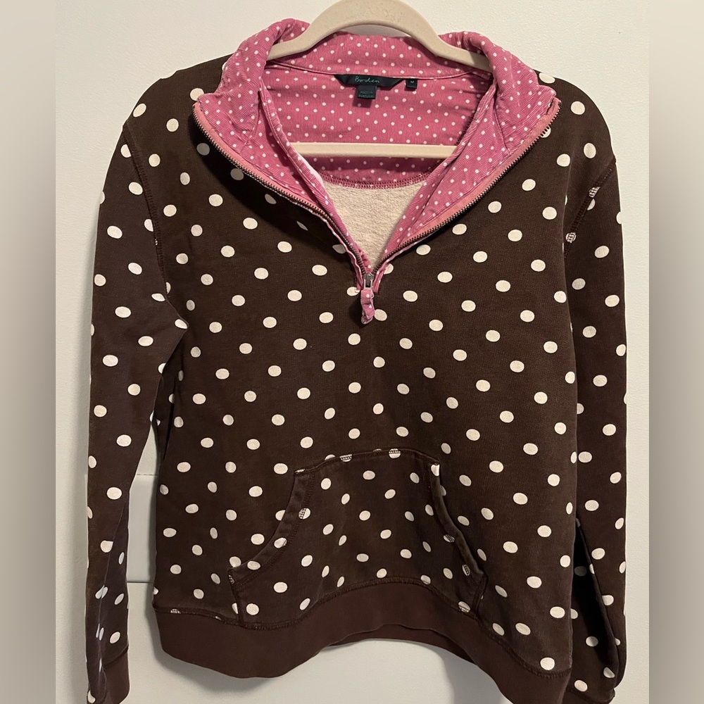 BODEN Women’s Sweatshirt Top Sz M Brown Polka Dot 1/2 Zip Pullover Pouch Pocket